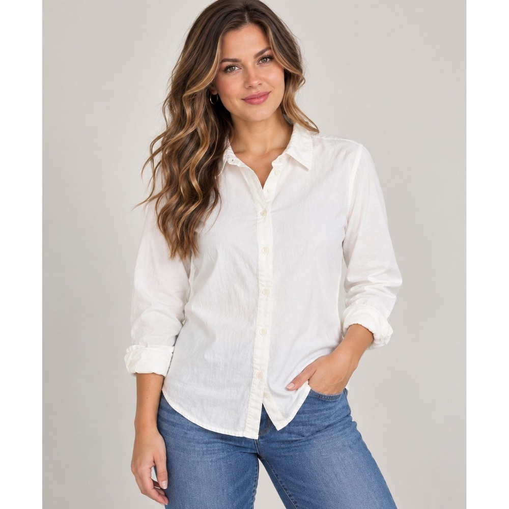 Sugar Moon Women's off White Solid Collared Button-Up Long Sleeve Woven Top L